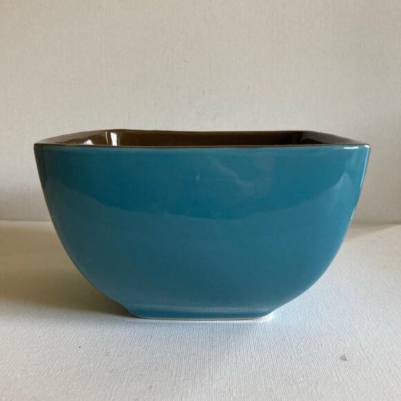 PIER ONE Cereal Bowl Blue Hibiscus Brown Interior Square 5.5" Discontinued - Picture 3 of 9
